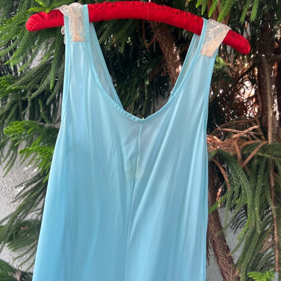 Vtg Baby Blue V-Neck Sleeveless Slip Dress with Floral Lace Neckline | Small - Picture 10 of 17